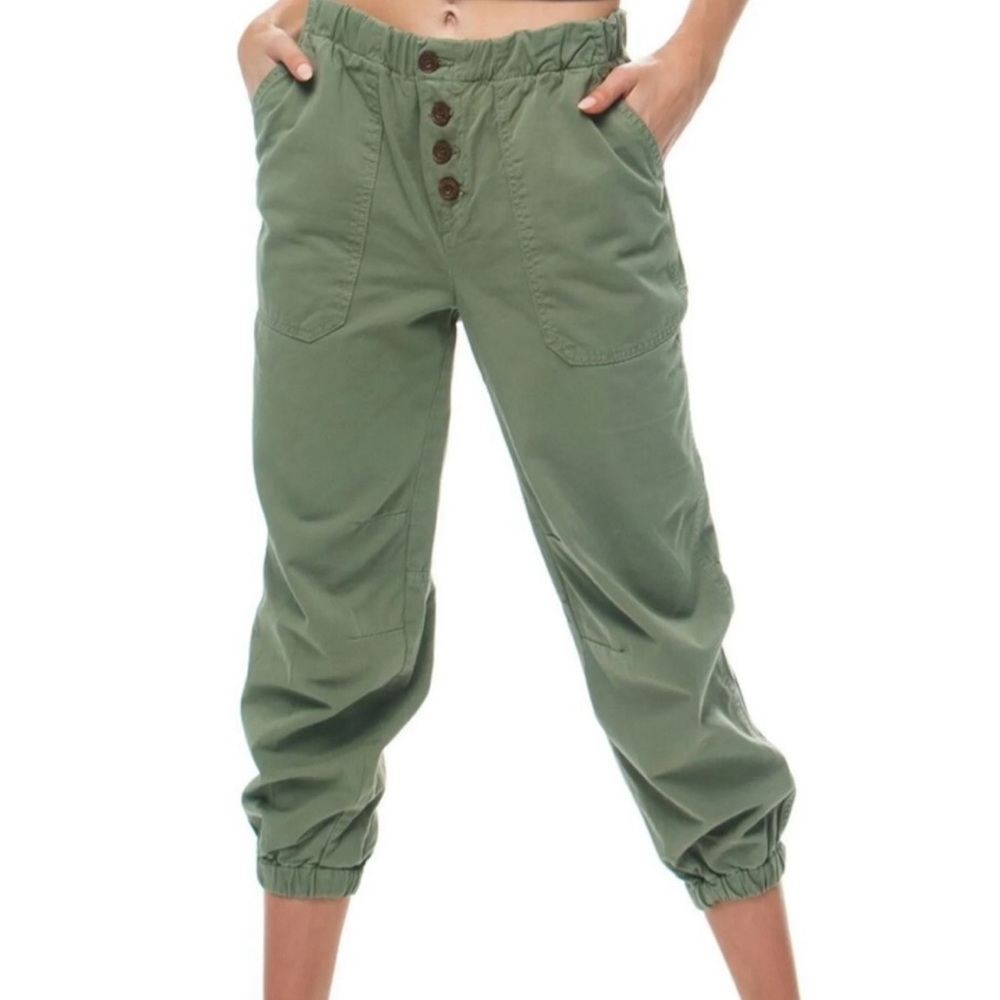 Free People Cadet Pull On Jogger Pants Capris Button Fly Casual Army Green